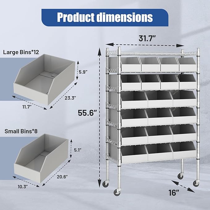 6-Tier Classics Heavy-Duty Bin Rack, Industrial Solid Steel Wire Shelving Storage Unit, Organizer with 20 Bins, Gray, for Garage/Warehouse/Kitchen/Office/Classroom