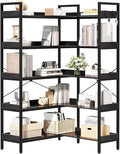 KOUSEI 5-Tier Corner Bookshelf, Reversible L-Shaped Bookcase with 4 Hooks, 65" Industrial Wood & Metal Storage Shelf for Living Room, Home Office & Bedroom, Black