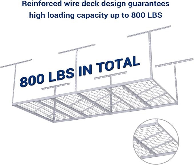 FLEXIMOUNTS Pro 4x8 Overhead Garage Storage Rack,Adjustable Storage Organization System, Heavy Duty Metal Ceiling Storage Racks, 800lbs Weight Capacity, White, Pro Series