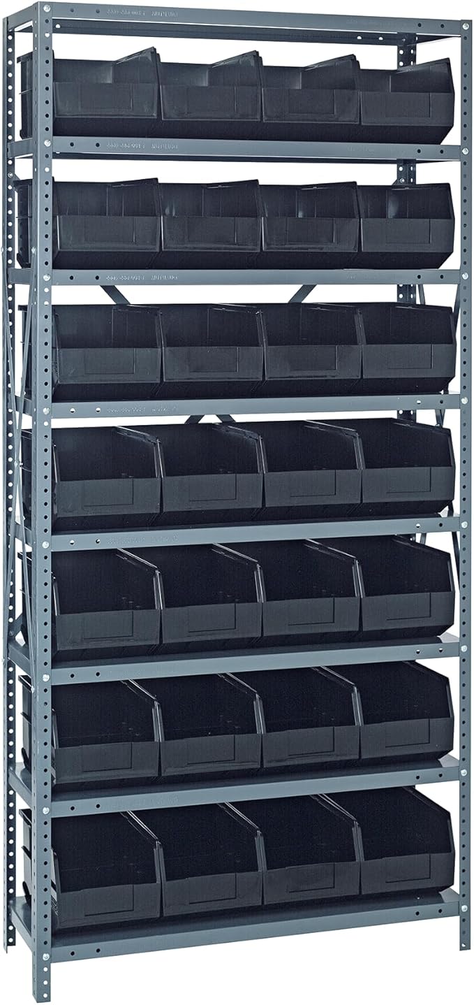 Quantum 2475-483BK Heavy Duty Shelving Unit with (8) Shelves and (28) SSB483 Black Bins for Industrial Warehouse Storage Distribution | 400 lbs Capacity | 24"D x 36"L x 75"H, Galvanized Carbon Steel