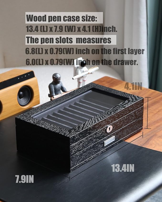 Wood Pen Display case 24 Slot Fountain Pen Box Storage Organizer with Drawer, Top Glass Window Pen Collection Display Case