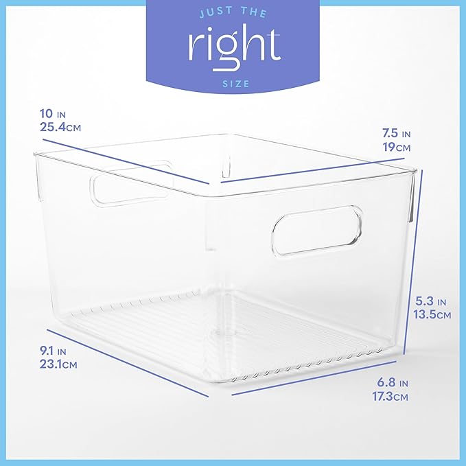 primebox Plastic Food Storage 8 Pack Clear Container Bin with Handles for Organizing Kitchen, Pantry, Refrigerator, Freezer, Pantry, Cabinet, Closet, Bathroom. 10”x7.5”x5.3”