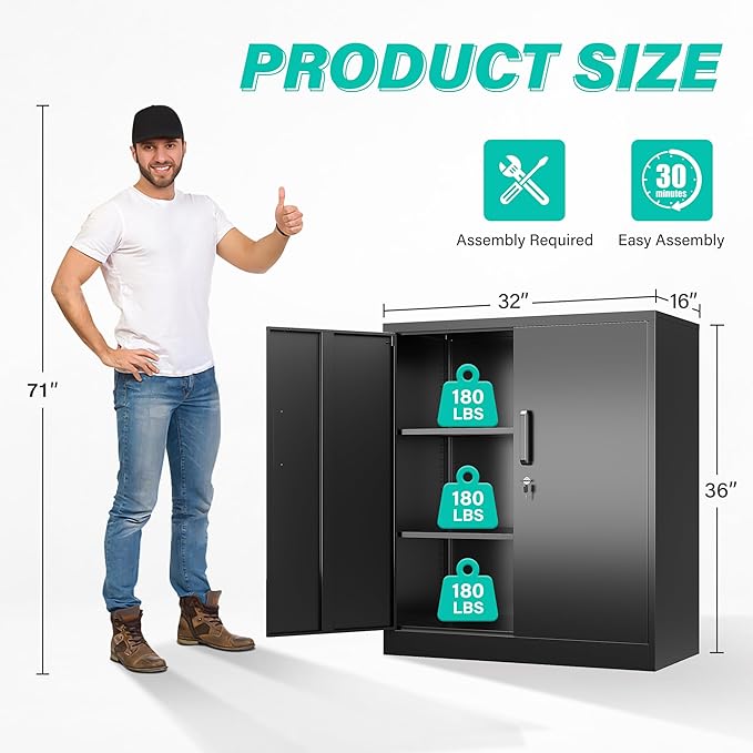 SISESOL 36 inch Metal Storage Cabinet with Doors and Shelves,Small Garage Storage Cabinet with Lock,Black Metal Cabinets with Locking Doors for Home,Office,Short Garage Cabinets