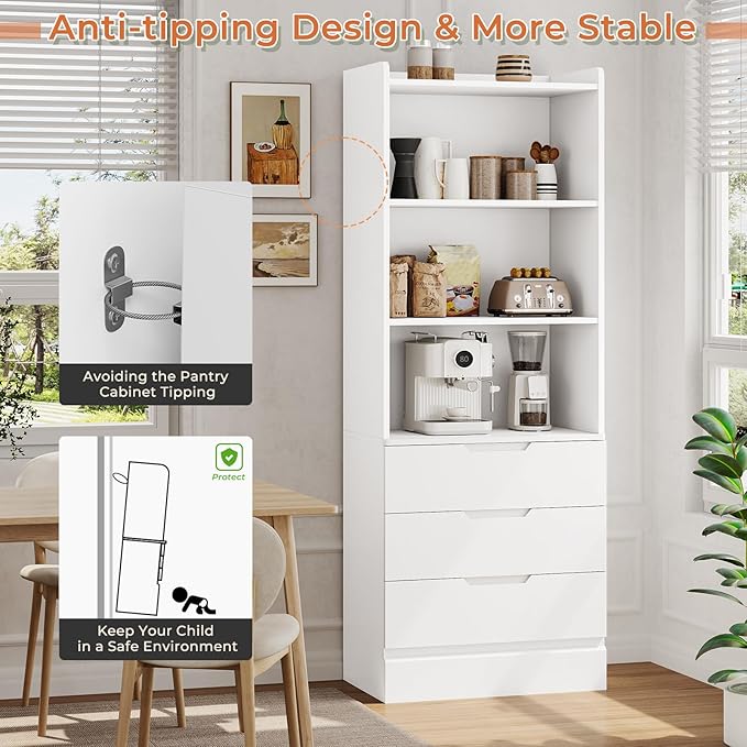 DICTAC Bookcase Set of 2 with 3 Drawers 73.23'' White Bookshelf Storage Cabinets with Shelves and Drawers Kitchen Pantry with Microwave Stand,Storage Organizer for Living Room,Office,Study, Bathroom