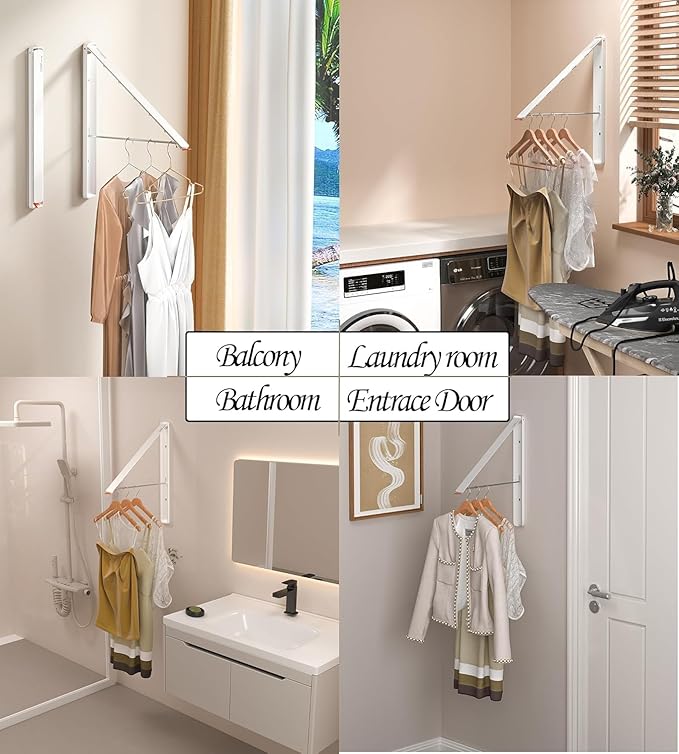 Dr.DJ Clothes Drying Rack Wall Mounted, Retractable & Foldable Clothes Hanger for Laundry Room Organization and Storage, Clothes Hanger Rack for Dorm, Closet, Balcony, Laundry Room(2Pack, White)