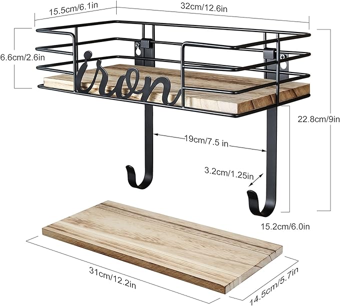 TJ.MOREE Hanger wall mount - Laundry Room Iron and ironing board Holder, Metal with Large Storage Wooden Base Basket and Removable Hooks (Black)