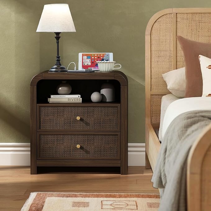 Oak&Sparrow 2 Drawer Tall Dresser for Bedroom, 23.6'' Rattan Dresser with Ample Storage, Boho Chest of Drawers, Thickened Curved Profile Design, Dark Walnut Dressers for Bedroom, Living Room