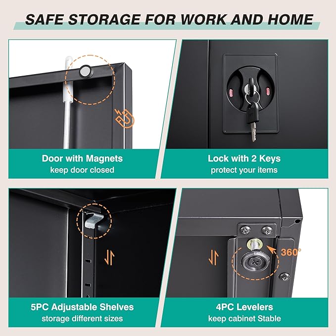 SISESOL Wide & Deep Metal Storage Cabinet with Lock & 5 Adjustable Shelves,72" Black Garage Storage Cabinet with Locking Doors,Lockable Cabinets for Home,Office,Garage,Shop,Basement 72x36x18