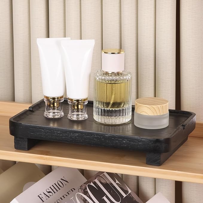 Wood Riser Small Decorative Tray Sink Soap Dish, Vanity Tray Pedestal Stand 9 x 5.9 inches (Black)