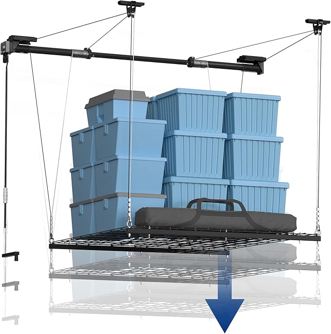 FLEXIMOUNTS Overhead Garage Storage Rack, 4x4 Ft Heavy-Duty Garage Ceiling Storage Racks, Adjustable Organization System with 71'' L Axle, 300lbs Weight Capacity, Carbon Black