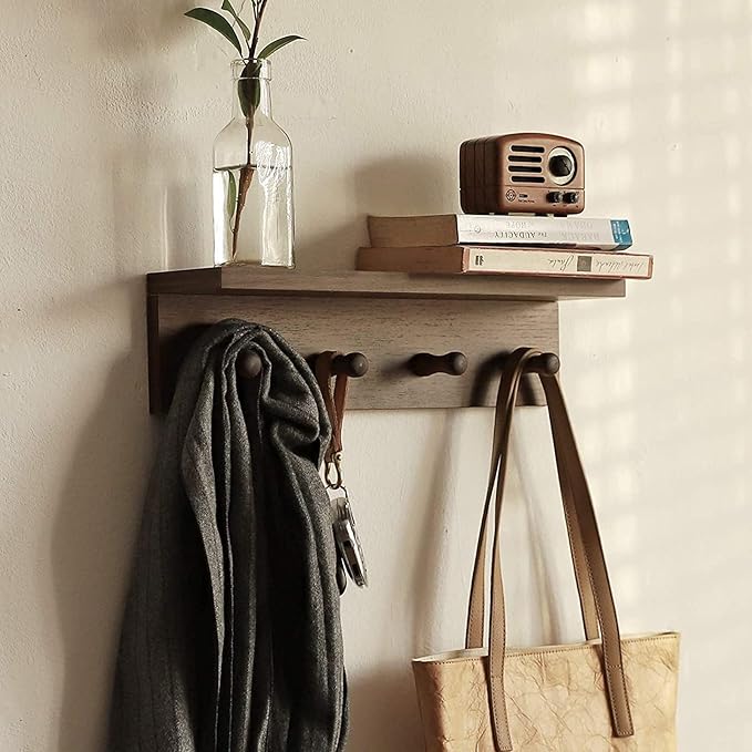 Entrance Coat Rack ，Coat Hooks, Wall-Mounted Wooden Hook Rack, Wall-Mounted Shelves are Very Suitable (Walnut Colored Finish-2)