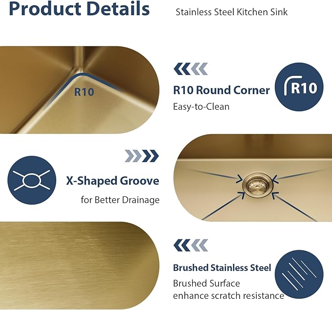 Lordear Gold Undermount Kitchen Sink 33" x 19" Stainless Steel Sinks 16 Gauge Single Bowl Ledge Workstation Handmade Under Counter Kitchen Sink Basin with Built-In Accessories