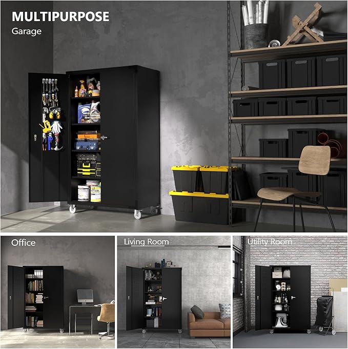 VINGLI Upgraded Wide & Deep Garage Storage Cabinet, Metal Storage Cabinet with Pegboards, Wheels, Locking Doors and Adjustable Shelves (Black, 43''W x 20''D x 72''H)