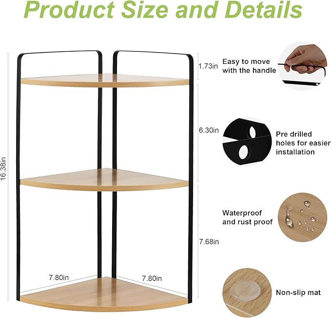 3 Tier Corner Bathroom Counter Organizer, Countertop Organizer, Vanity Organizers, Bathroom Storage Sink Shelf, Wooden and Metal Counter Shelf, Corner Counter (Rustic Walnut)