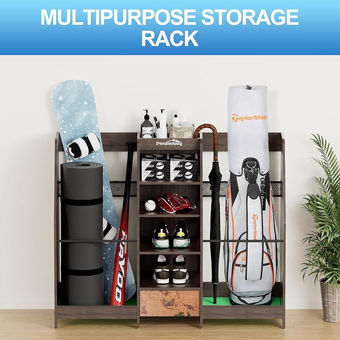 Golf Bag Storage Organizer for Garage, Premium Wooden 2 Golf Bags Rack with Drawer, Easy Assemble Golf Club Stand/Holder Suitable for Garage Home Simulator and Office