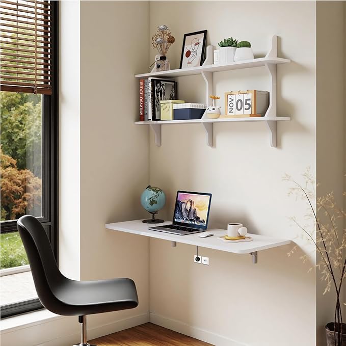 Pmnianhua Wall Mounted Folding Table, 47'' Floating Laptop Desk with Shelves, Foldable Drop Leaf Table, Wall Mount Fold Down Table for Laundry Room Kitchen Bar Home Office Small Space(White)