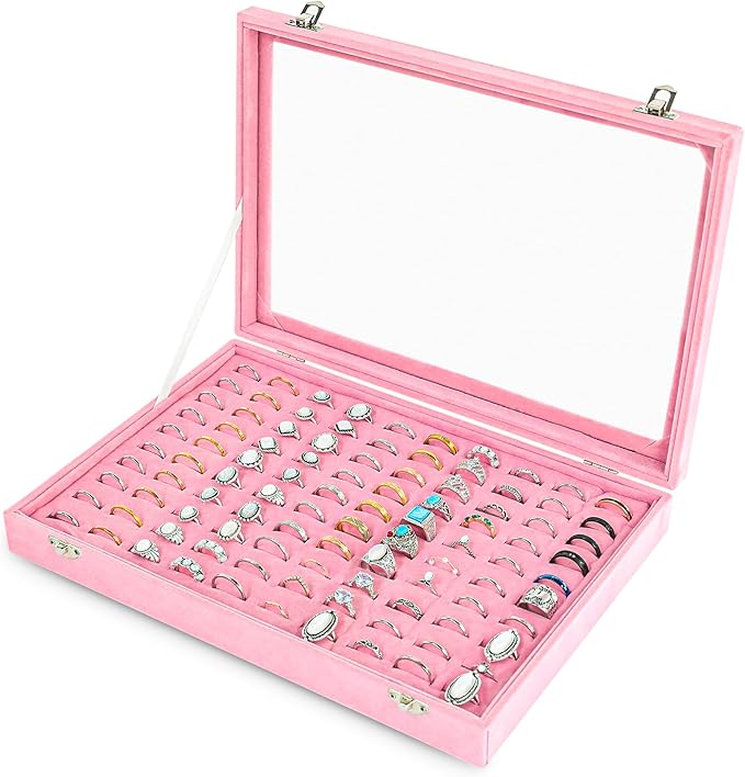 Frebeauty Ring Organizer Tray 100 Slots Ring Holder with Clear Lid Velvet Storage Box Jewelry Tray for Jewelry Store Earring Display Case for Jewelry Show Studs Box for Women(Pink)
