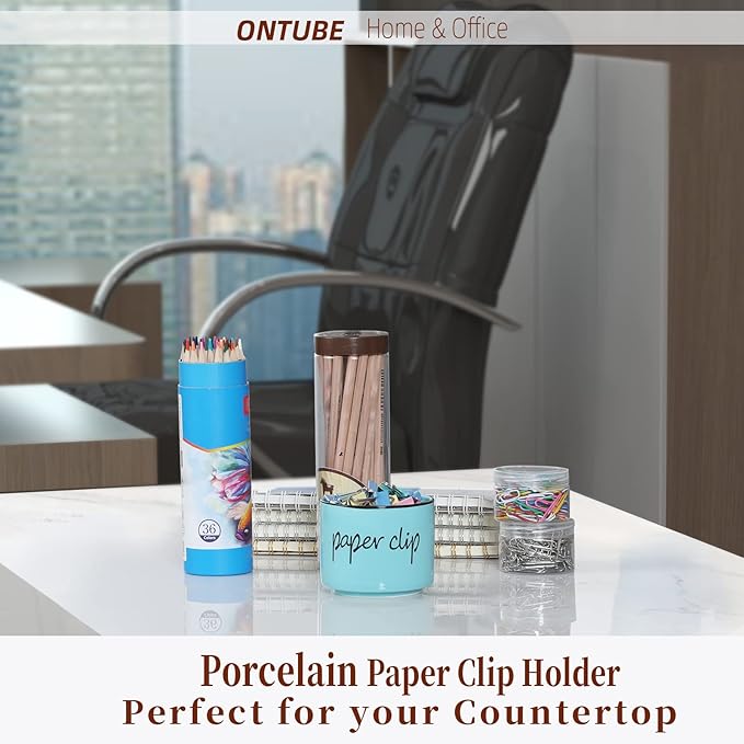 ONTUBE Farmhouse Paper Clip Holders,Ceramic Binder Clip Dispenser Organizer for Desk ,Cute Office Push Pins Holder (Turquoise)