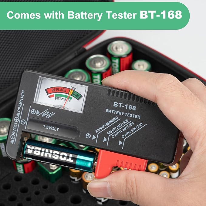 Battery Organizer Storage Case with Tester, Hardshell Portable Checker Carrying Case Holds 200+ Batteries AA AAA AAAA C D 9V, Battery Organizer Storage Box