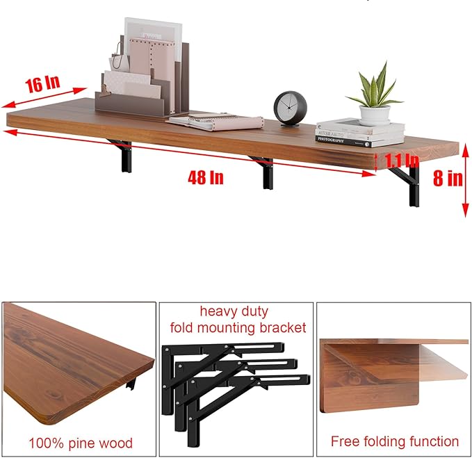 IAE Wall Mounted Folding Table with Pine Wood,48" x 16" Floating Wall Desk,Laundry Folding Table with Shelf Brackets,Fold Down Desk Shelf,Folding Workbench for Home,Dining,Laundry Room,Kitchen,Teak