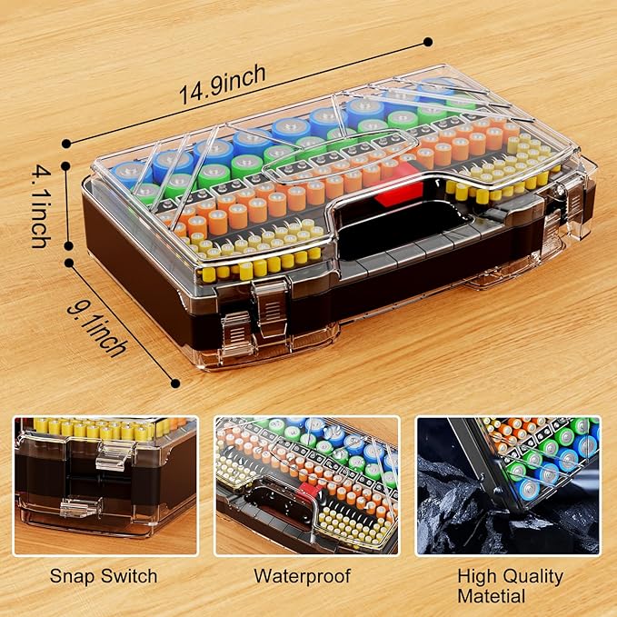 Battery Organizer Storage Holder Box Case with Tester, New Ultra-Large 285+Batteries Double-Sided Variety Pack, Holds AA AAA 4A C D 9V 3V Button Cell Lithium18650 CR2 CR123 CR1632 LR44 - Black