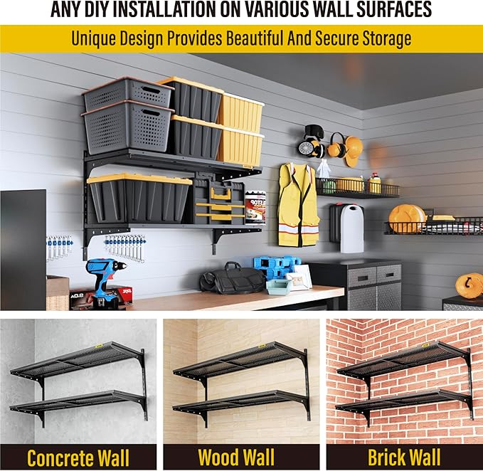1pack×2 Tier 1.3x4ft Garage Shelving Wall Mounted, 260lbs Load Capacity，15.6x48inch per Shelf Height Cassette Adjustable Floating Shelves, Black