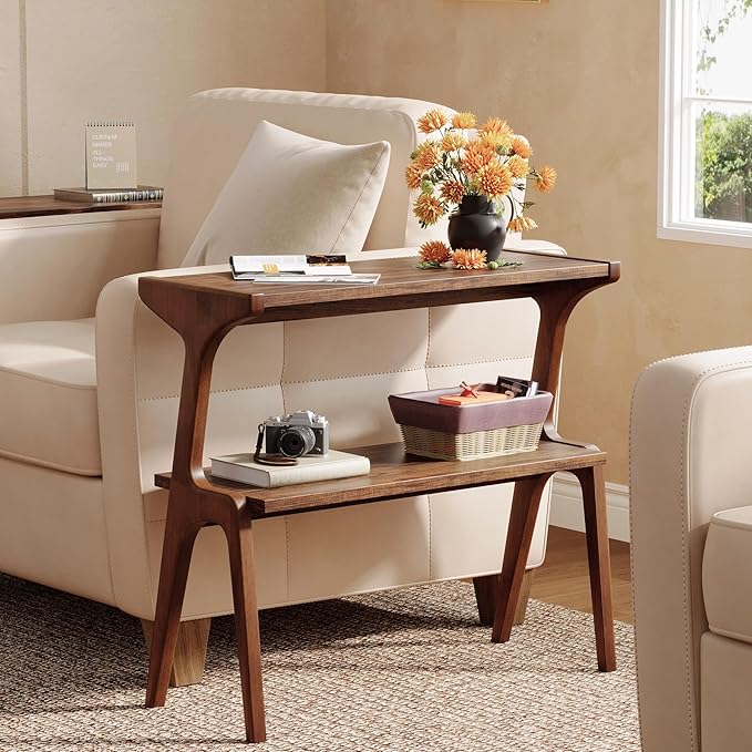 Solid Wood End Table, 2-Tier Side Table with Storage Shelf, Wooden Modern Accent Slim Bedside Table for Sofa, Living Room, Bedroom, Small Space, Easy Assembly, Rustic Brown