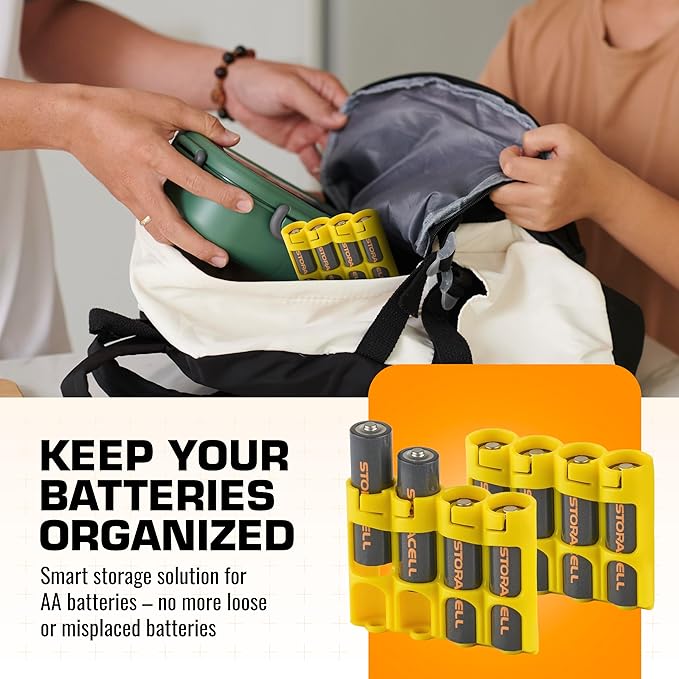AA Battery Storage Caddy by Storacell (2 Pack), Yellow, Holds 4 Batteries (Not Included)