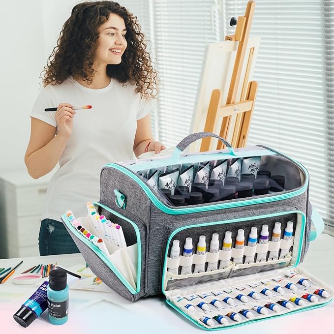 SFYBYHEART Acrylic Paint Organizer Bag with Washable Roll-Up Brush Holder, Large Art Supply Case, Craft Organizer with Foam Inserts for Apple Barrel, Shuttle Art, Caliart Art Supplies Storage Bag