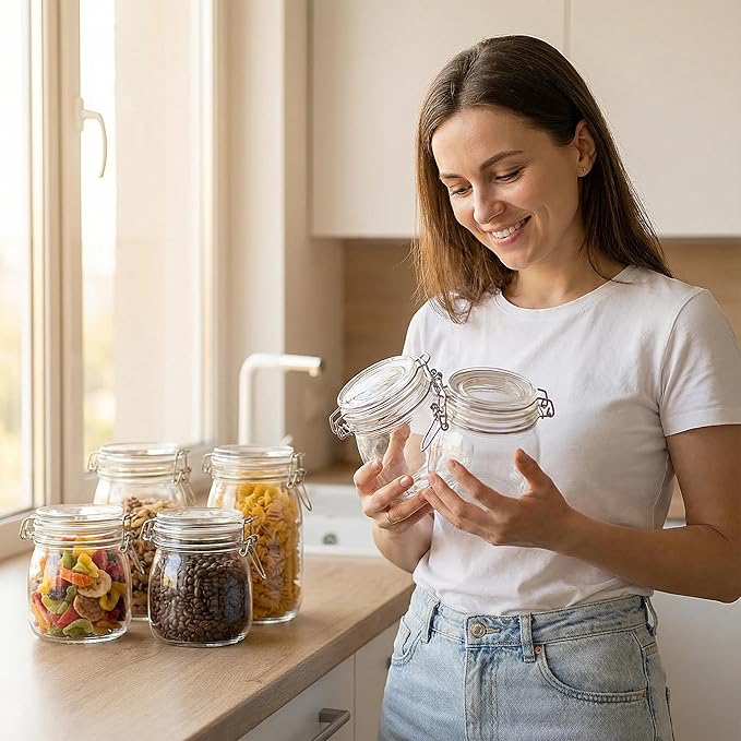17oz Airtight Glass Jars with Clamp Lids, Small Food Storage Canisters Set of 6, Wire Clip Mason Jars for Canning Pickling Spice Herb