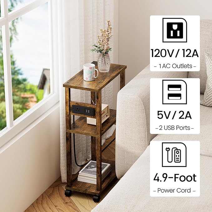 TUTOTAK Small Narrow Side Table with Charging Station, Skinny End Table for Small Spaces, Slim Nightstand with USB Ports and Outlet, Sofa Beside Table with Wheels, Rustic Brown TB01BB047C