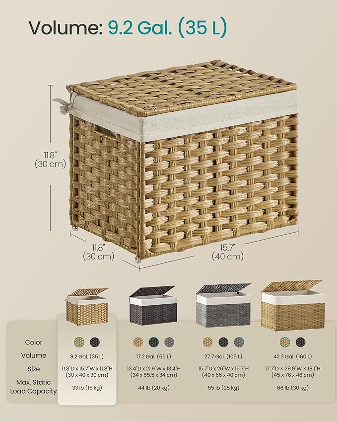 SONGMICS Storage Basket with Lid, Woven Blanket Storage Bin with Handles, Foldable, Removable Liner, Metal Frame, for Bedroom, Laundry Room, 9.2 Gallons (35 L), Natural URST040YE01