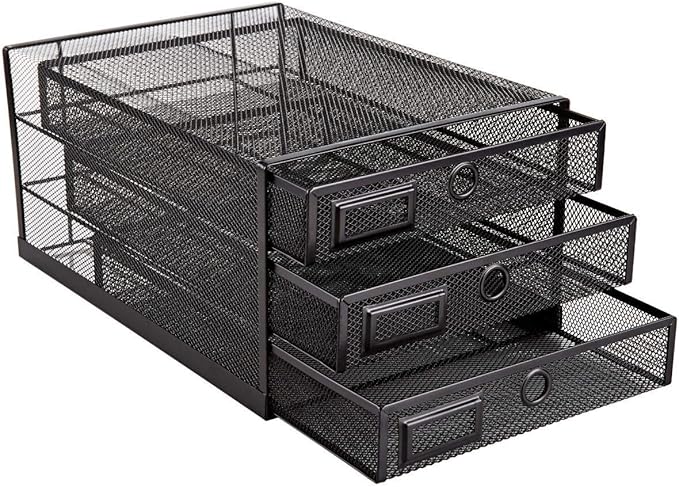 Annova Desk Organizer Wire Mesh 3 Tier Sliding Drawers Paper Sorter/Multifunctional/Premium Solid Construction for Letters, Documents, Mail, Files, Paper, Kids' Art Supplies (Black)