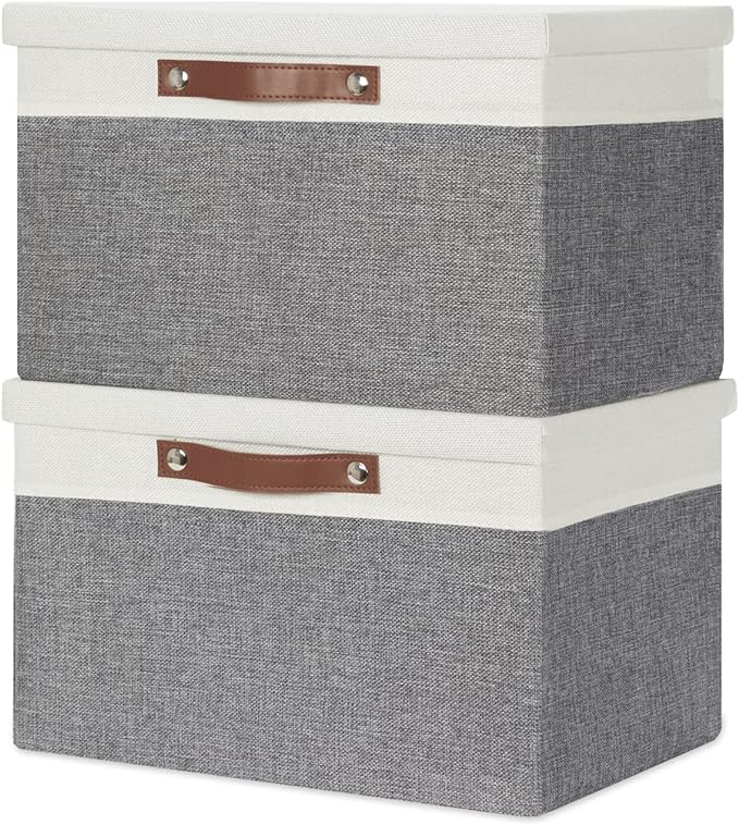 Temary Collapsible Storage Bins Storage Boxes with lid, 2 Pack Storage Baskets with Lid Organizing Clothes, Decorative Organizer Bins with Handles (White&Gray, 15x11x9.5inch)