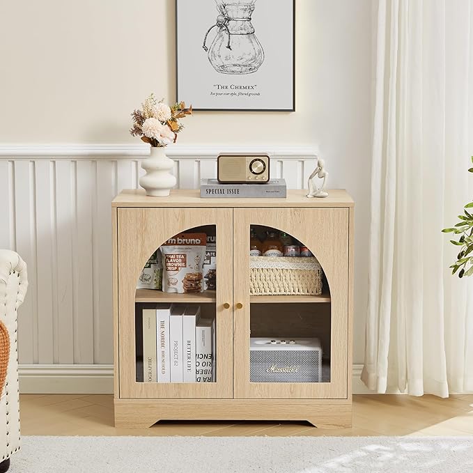 Farmhouse Floor Storage Cabinet with Arched Acrylic Door, 27" Short Accent Display Sideboard Buffet Cabinet with Adjustable Shelf for Living Room, Bathroom, Kitchen Coffee Bar (Natural)