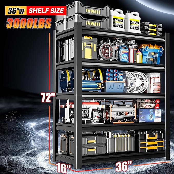 36" W Garage Shelving,5-Tier Heavy Duty Shelving Unit,3000LBS Adjustable Metal Storage Shelves,Storage Rack Units for Industrie,Shed,Warehouse,Basement,Black,36" W x 16" D x 72" H