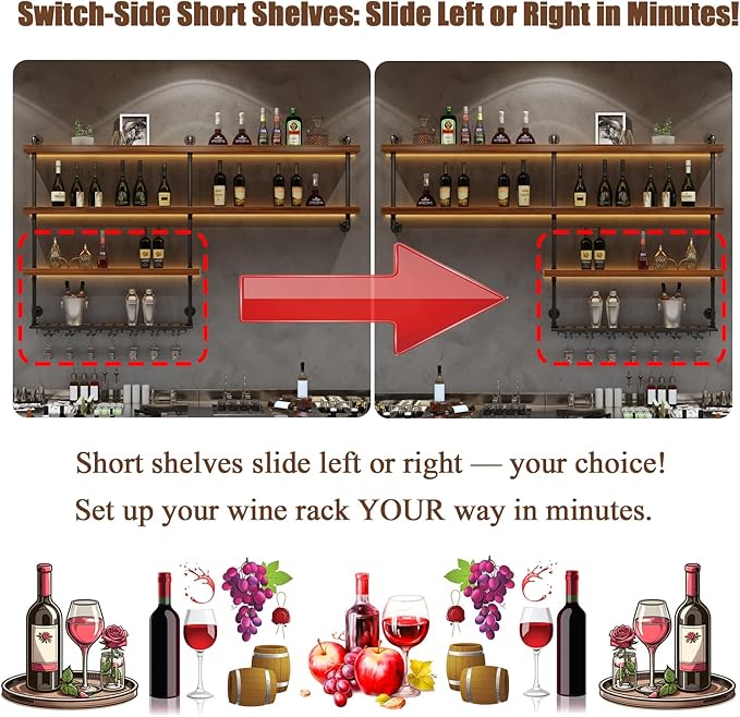 Solid Wood Wall Mounted Wine Rack, Large Wine Rack with LED Light, 4 Tiers Liquor Bottles Floating Shelves with Glass Holder, Industrial Bar Shelves for Home Bar Dining Room (141.8 IN/ 360CM)