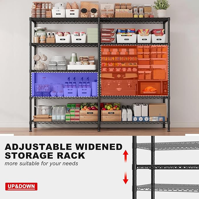 72.4''H Storage Shelves Metal Shelving Unit Load 1500LBS,5 Tier Wire Shelving Pantry Shelves Kitchen Shelves Adjustable Wire Shelf for Commercial Garage Shelving Heavy Duty, 61.7" W*72.4" H*15.8" D