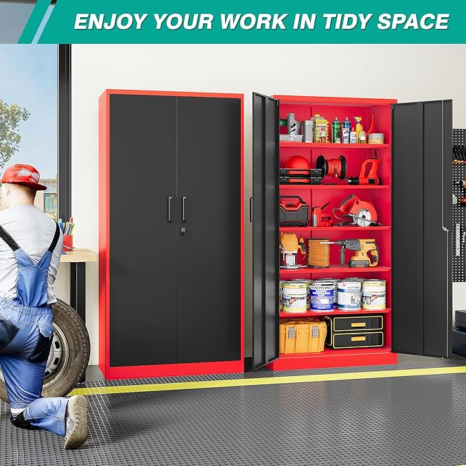 6 Tier Garage Storage Cabinet with 5 Adjustable Shelves,Metal Storage Cabinet with Lock,Red Black Metal Cabinet with Locking Doors,Steel Locker,71" Lockable Storage Cabinets for Home,Office,Garage