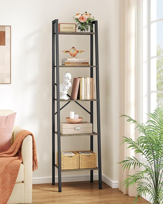 Hoctieon 5-Tier Industrial Ladder Bookshelf, Narrow Ladder Shelf, Tall Standing Bookshelf, Skinny Open Ladder Shelf, for Living Room, Home Office, Kitchen, Bedroom, Metal Frame, Greige