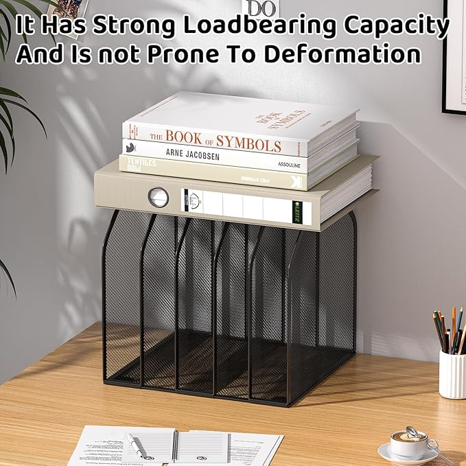Black 5-Section File Folder Organizer for Desk – Metal Vertical File Holder, Desktop File Organizer Vertical Stand, Letter/A4 Folder Rack, Upright File Sorter