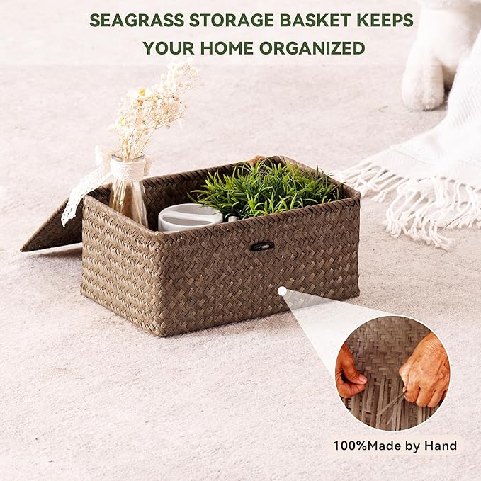 Nonam Seagrass Storage Baskets with Lid Set of 3,Wicker Basket Storage Bin for Shelves,Rectangular,Boho Decor,Handwoven Shelf Basket for Organizing-Storage Container Box for Home Organization-Coffee
