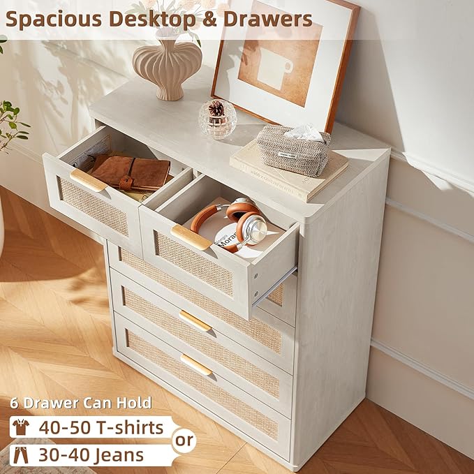 LEYAOYAO White Dresser for Bedroom, 41" Tall Chest of Drawers, Modern 6 Drawers Boho Rattan Dressers with Storage, Dresser Wooden Closet Organizer for Living Room, Hallway
