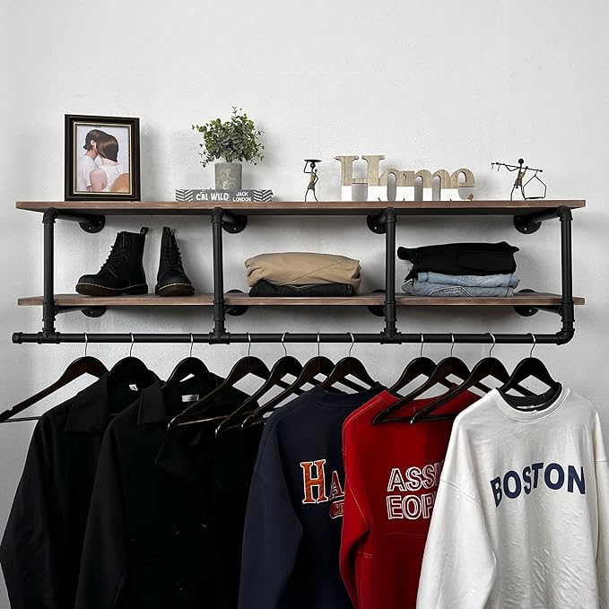 60In Industrial Pipe Clothing Rack with Top Shelf, Space-Saving Wall Mounted Clothes Rack 2 Tiers Pipe Shelves, Shelf with Hanging Rod for Laundry Room, Closet Storage