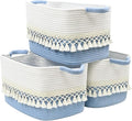 2 Pack Storage Basket, Heavy Tassel Woven Baskets for Storage, Boho Cotton Rope Storage Bin, Cube Organizer Bins, Baby Laundry Basket for Clothes, Toys, Diapers, Pets（White & Blue）