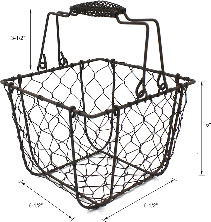 CVHOMEDECO. Square Chicken Wire Egg Basket Fruit Basket with Swing Handles Primitives Vintage Gathering Basket. Rusty