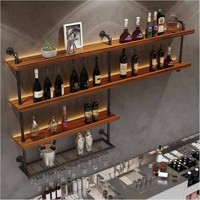 Solid Wood Wall Mounted Wine Rack, Large Wine Rack with LED Light, 4 Tiers Liquor Bottles Floating Shelves with Glass Holder, Industrial Bar Shelves for Home Bar Dining Room (78.7 IN/ 200CM)
