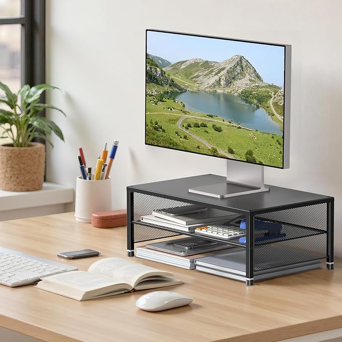Desk Organizers and Accessories, 2-Tier Metal Computer Monitor Stand Riser, Desk Organizer for Monitor, Printer & Laptop Stand, Desktop Workspace Organizers for Office Supplies(Black 2-Pack)