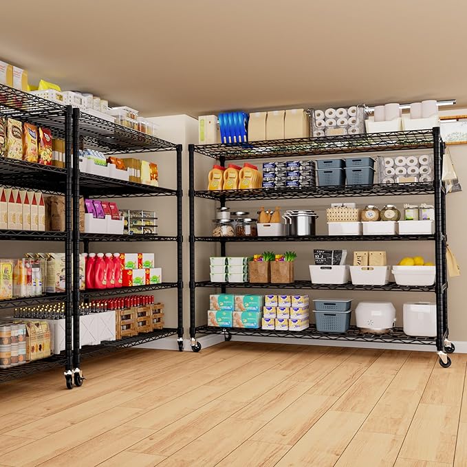 PrimeZone 5 Tier 80.7" Hx55.5 Wx24 D Wire Shelving with Wheels 3000lbs NSF Certified Storage Shelves Heavy Duty Metal Shelf Adjustable Rolling Rack Commercial Garage Restaurant Warehouse Kitchen 4Pcs