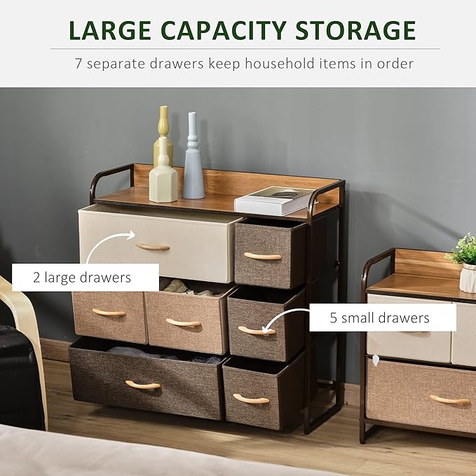 HOMCOM 7-Drawer Dresser, Fabric Chest of Drawers, 3-Tier Storage Organizer for Bedroom Entryway, Tower Unit with Steel Frame Wooden Top, Maple Wood